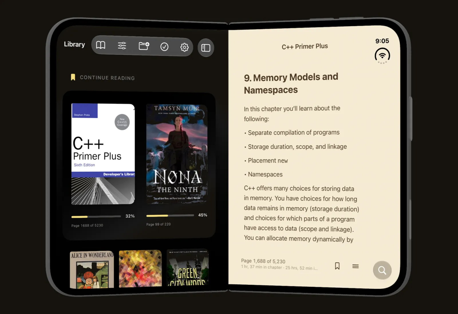 An opened iPhone Duo with the library beside an open EPUB