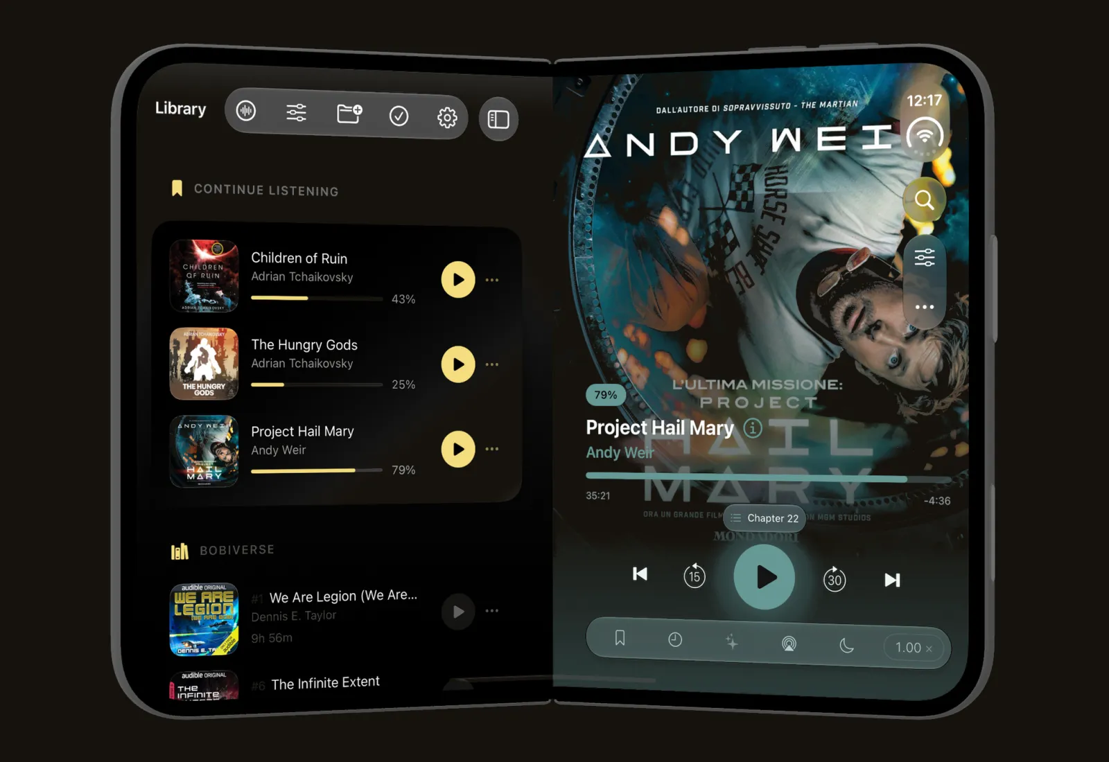 The library and player on an iPhone Duo, seen at an angle