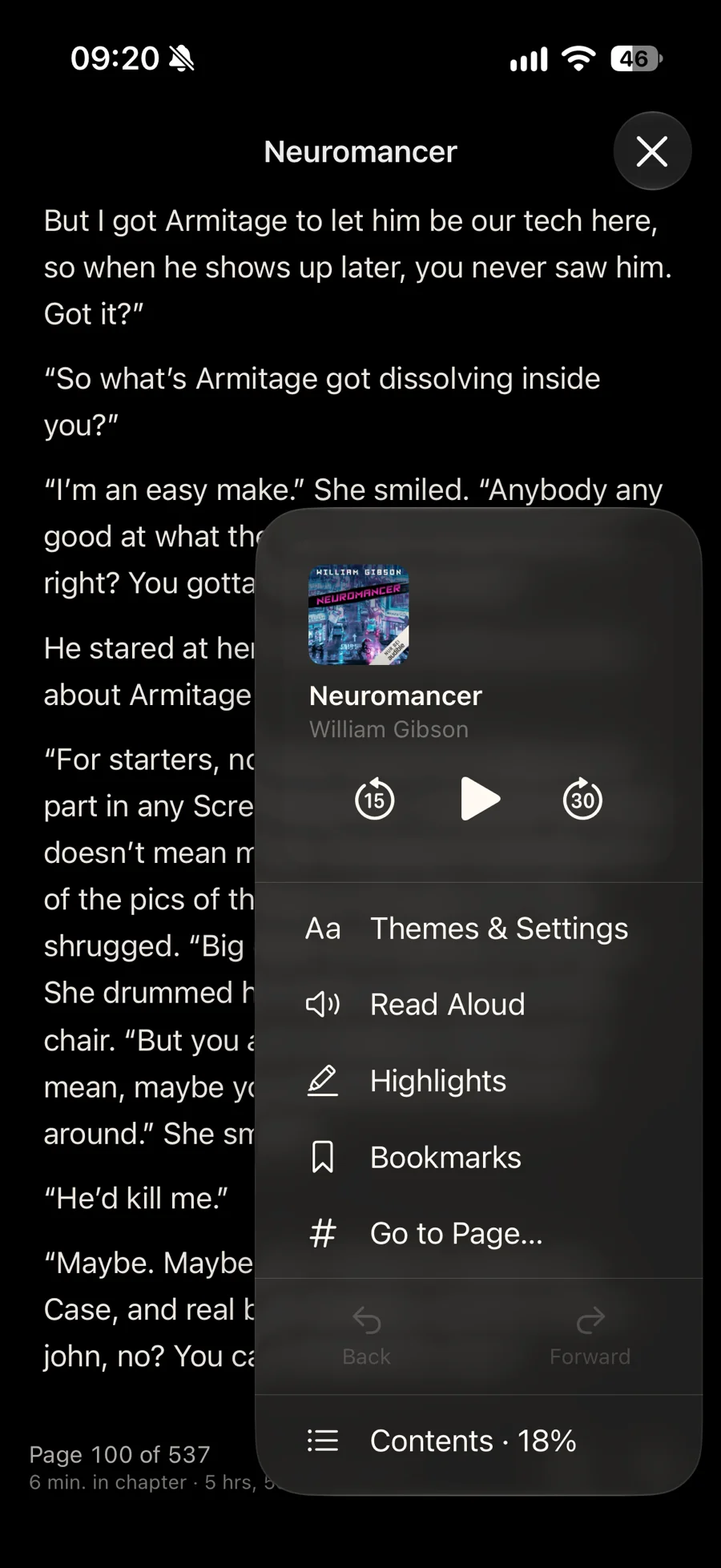 The mini player open over a page in the EPUB reader, with quick access to reader settings