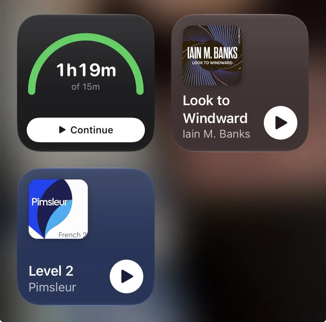 Home Screen widgets showing a listening goal and two books ready to resume