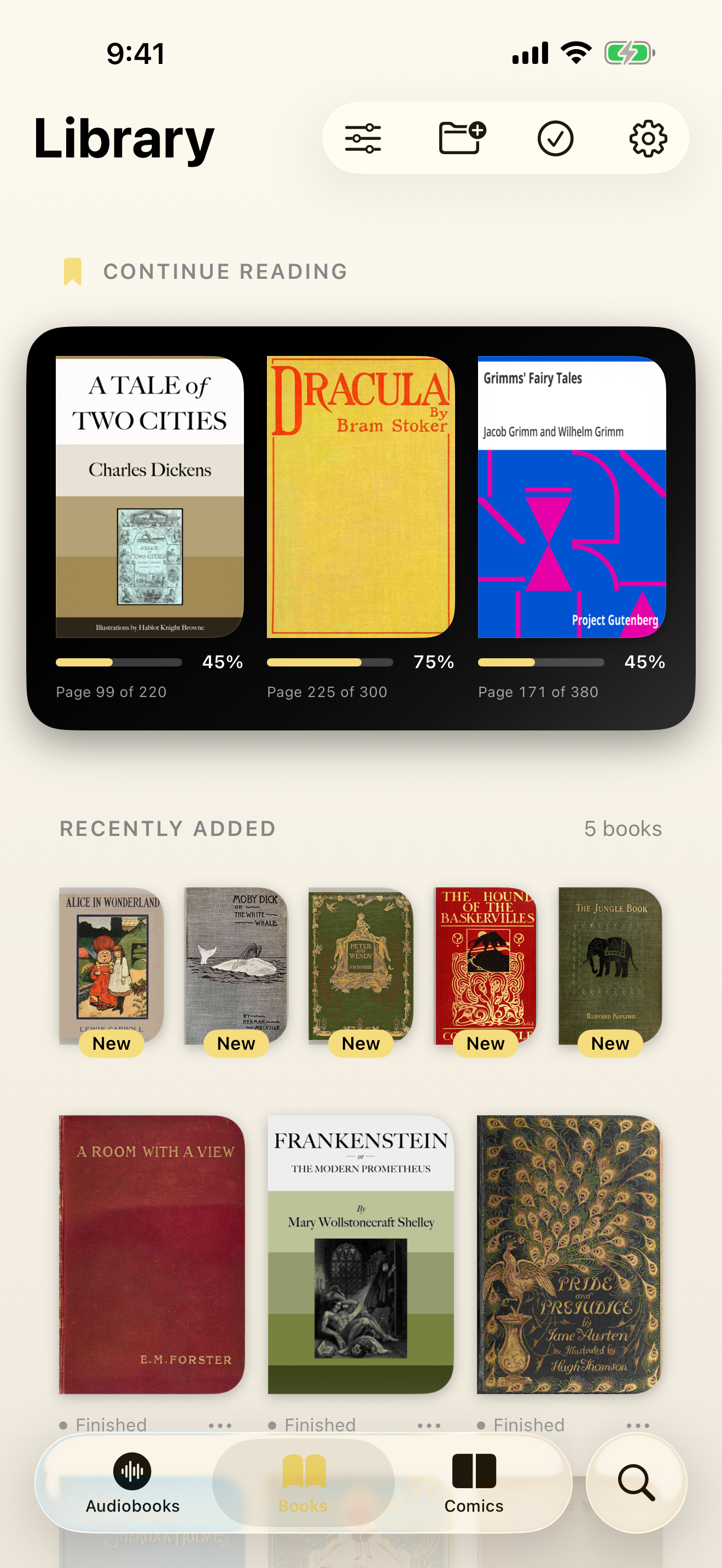 Books tab showing vintage cover art
