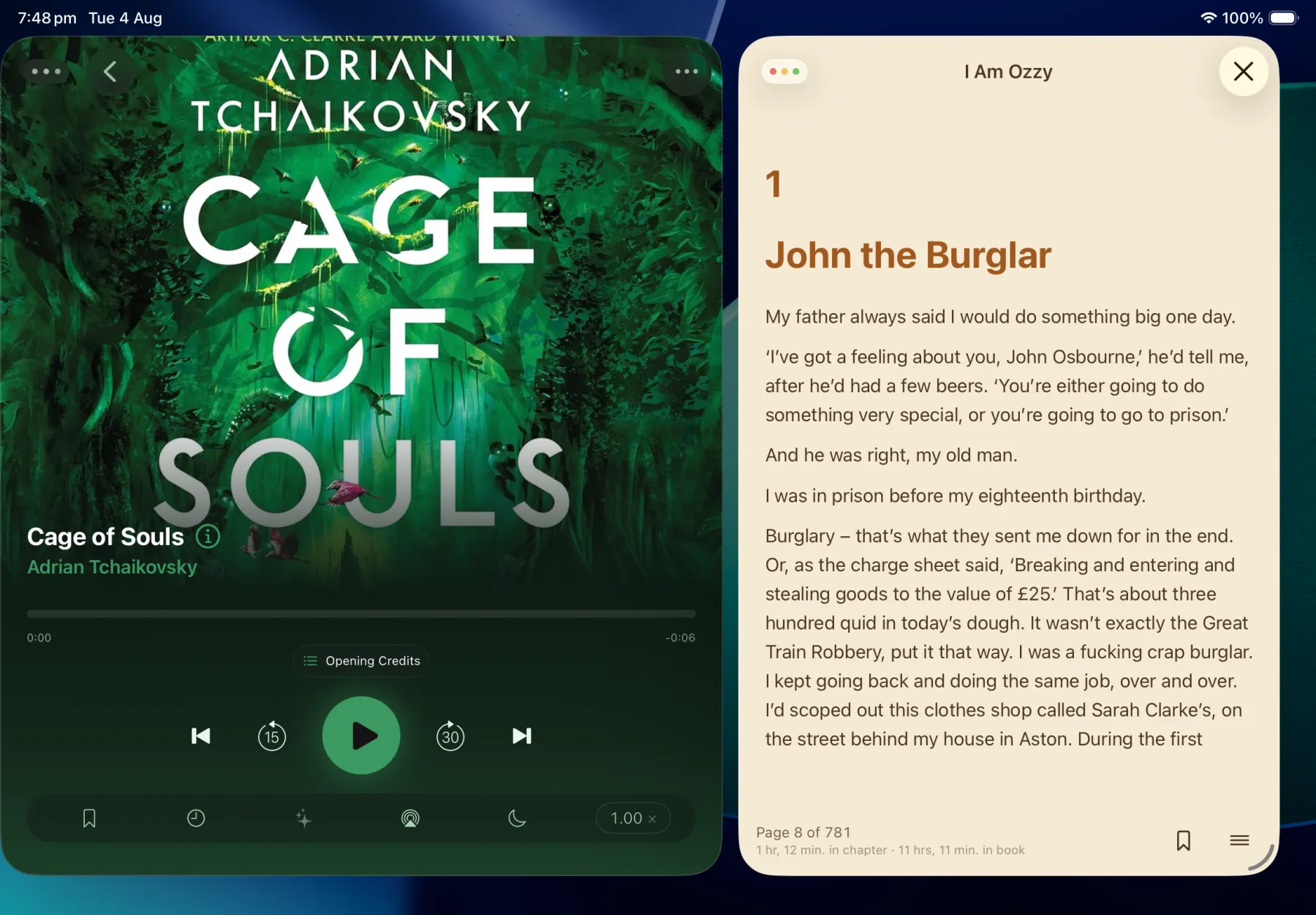 An audiobook playing beside an open book on iPad