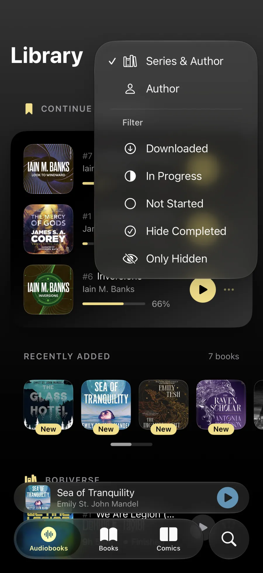The grouping and filter menu open over a library grouped by series
