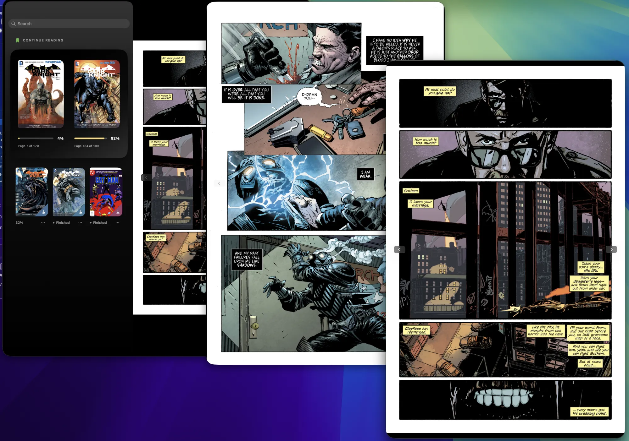 Three comic pages open in separate Mac windows