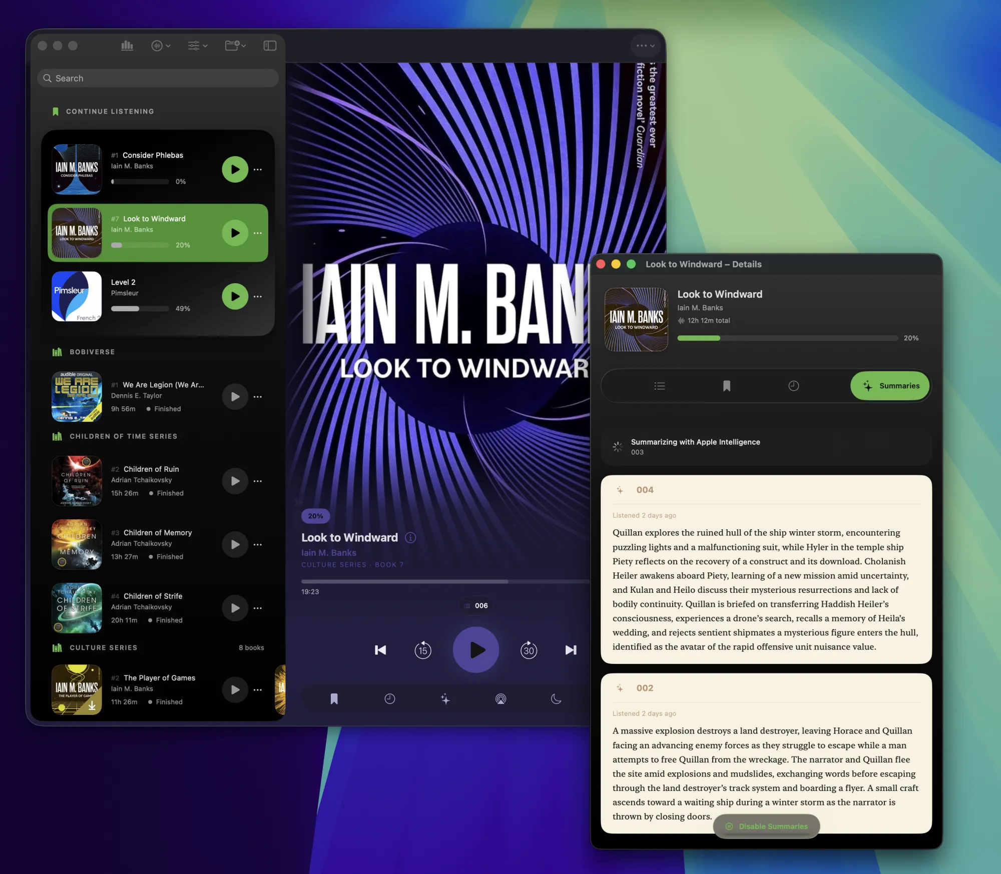 The Mac app: sidebar library, cover-hugging player, and a book detail window