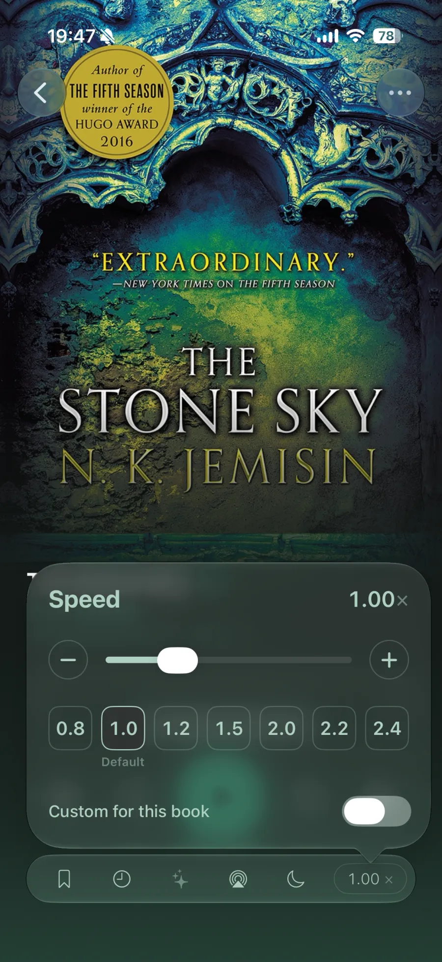 The playback speed sheet with presets and a per-book toggle