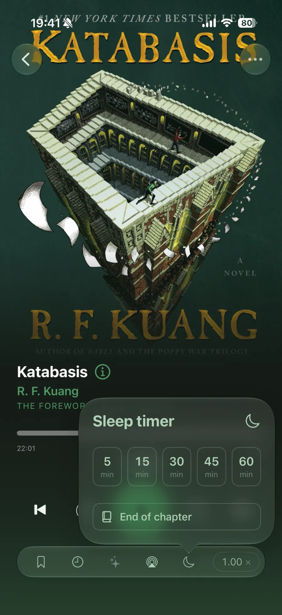 The sleep timer sheet with minute presets and end of chapter